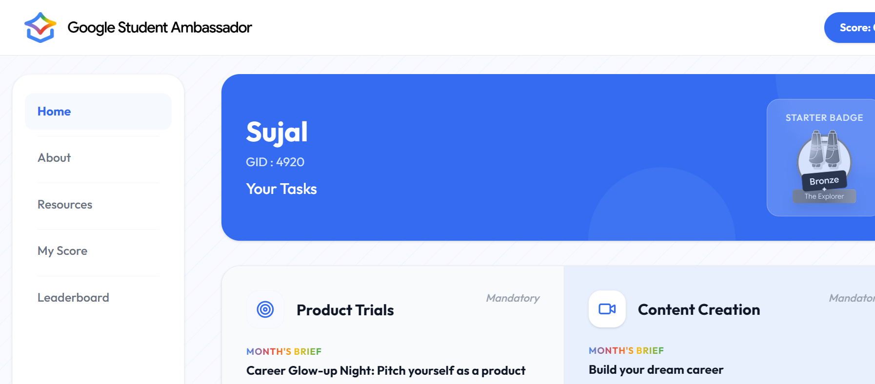 Google Student Ambassador dashboard showing Sujal's program profile, tasks, score, and starter badge